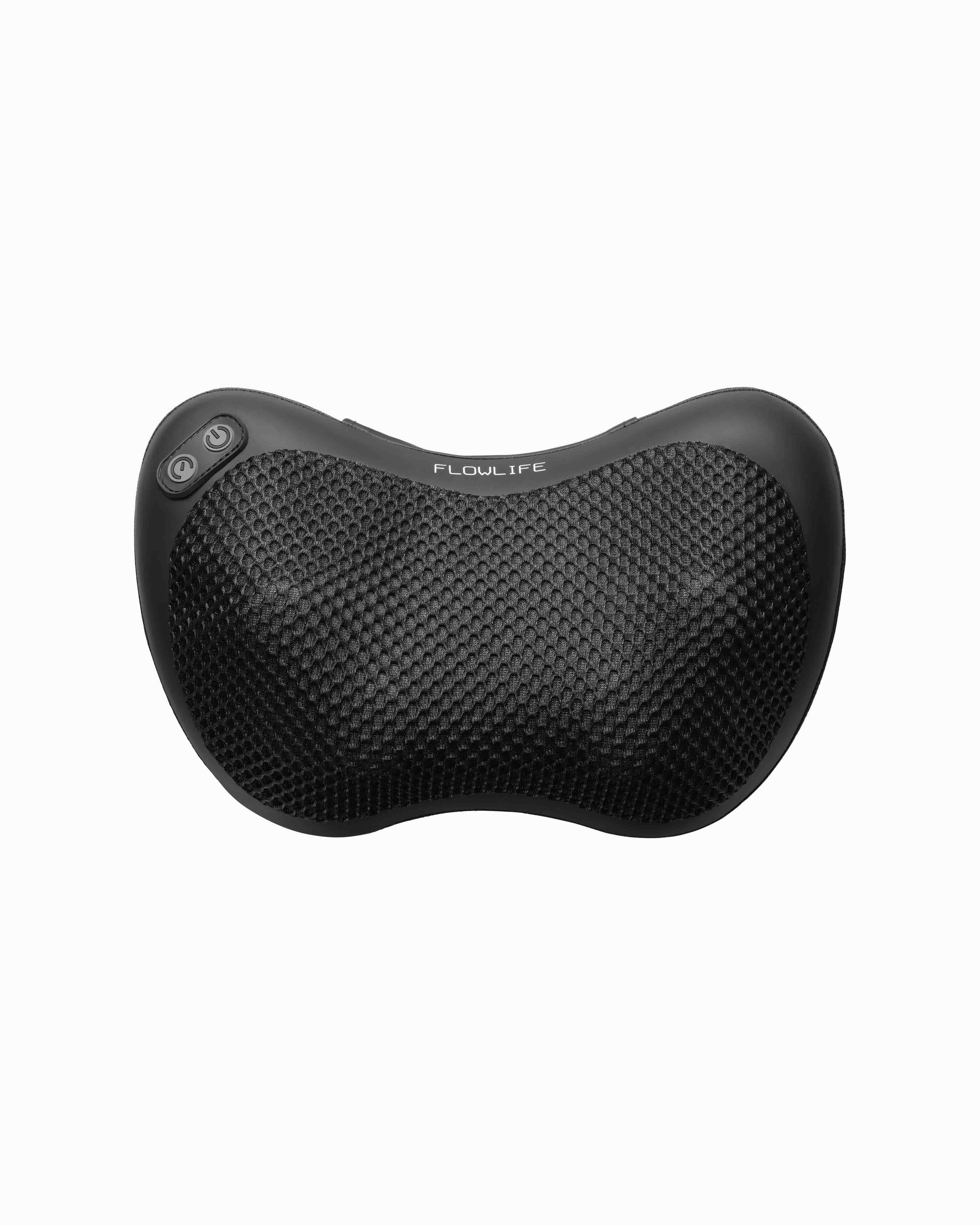 The black Flowpillow Heat massage pillow, photographed from above on a white background, showing its textured surface.