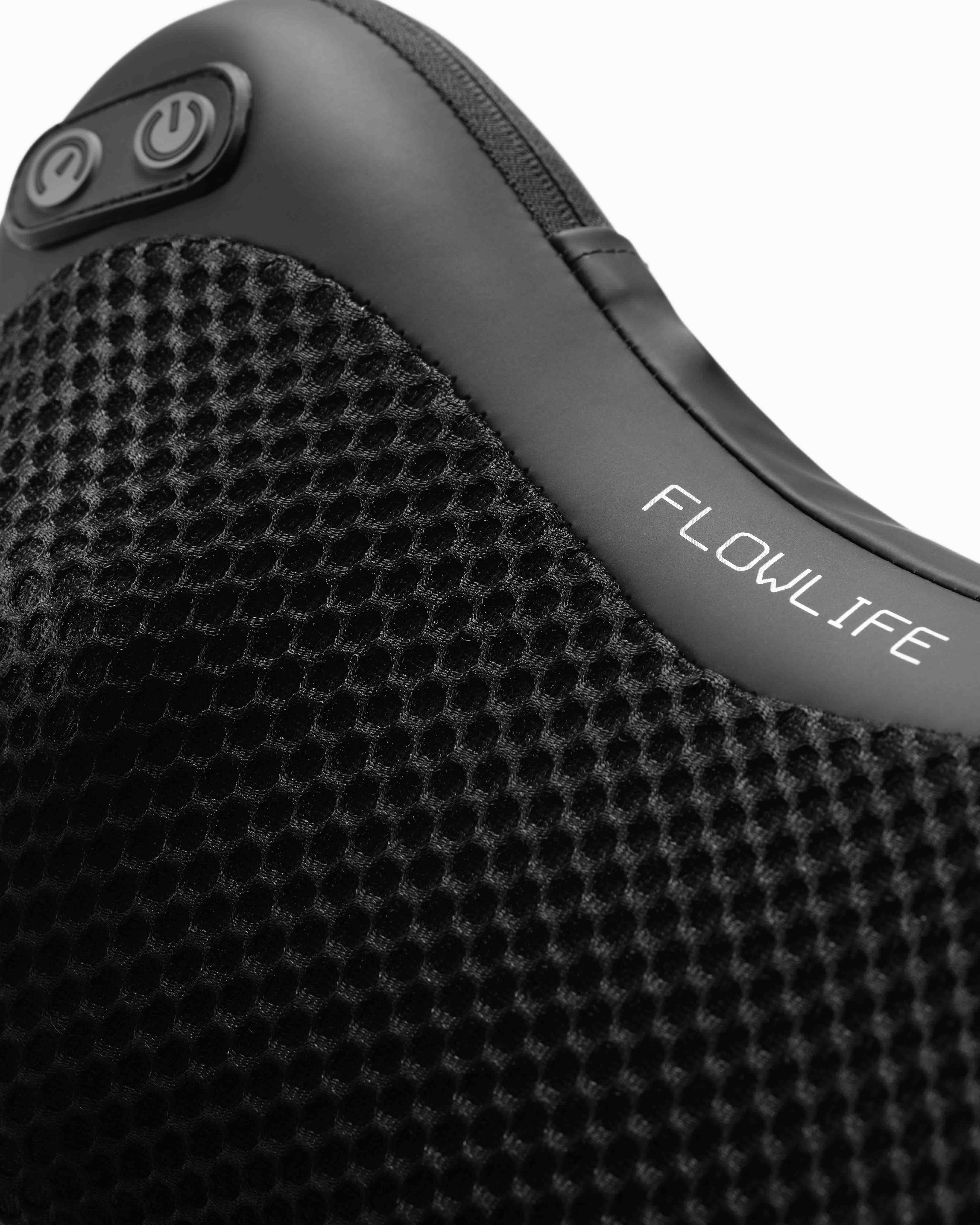 A close-up of the Flowpillow Heat, showing the control buttons, breathable mesh fabric, and the Flowlife brand logo.
