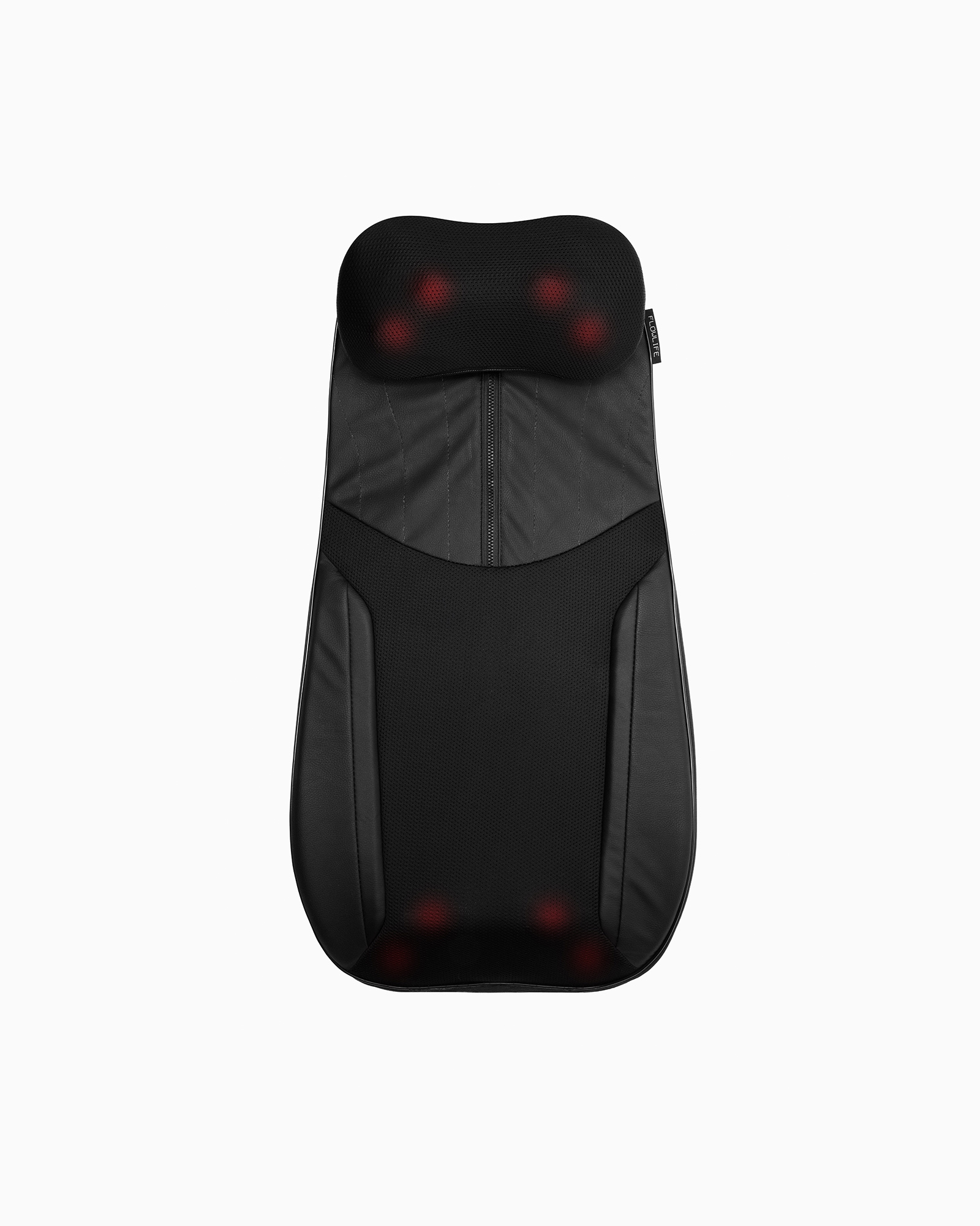 Flowseat Pro massage seat in black mesh with integrated heat nodes for back and neck muscle recovery.