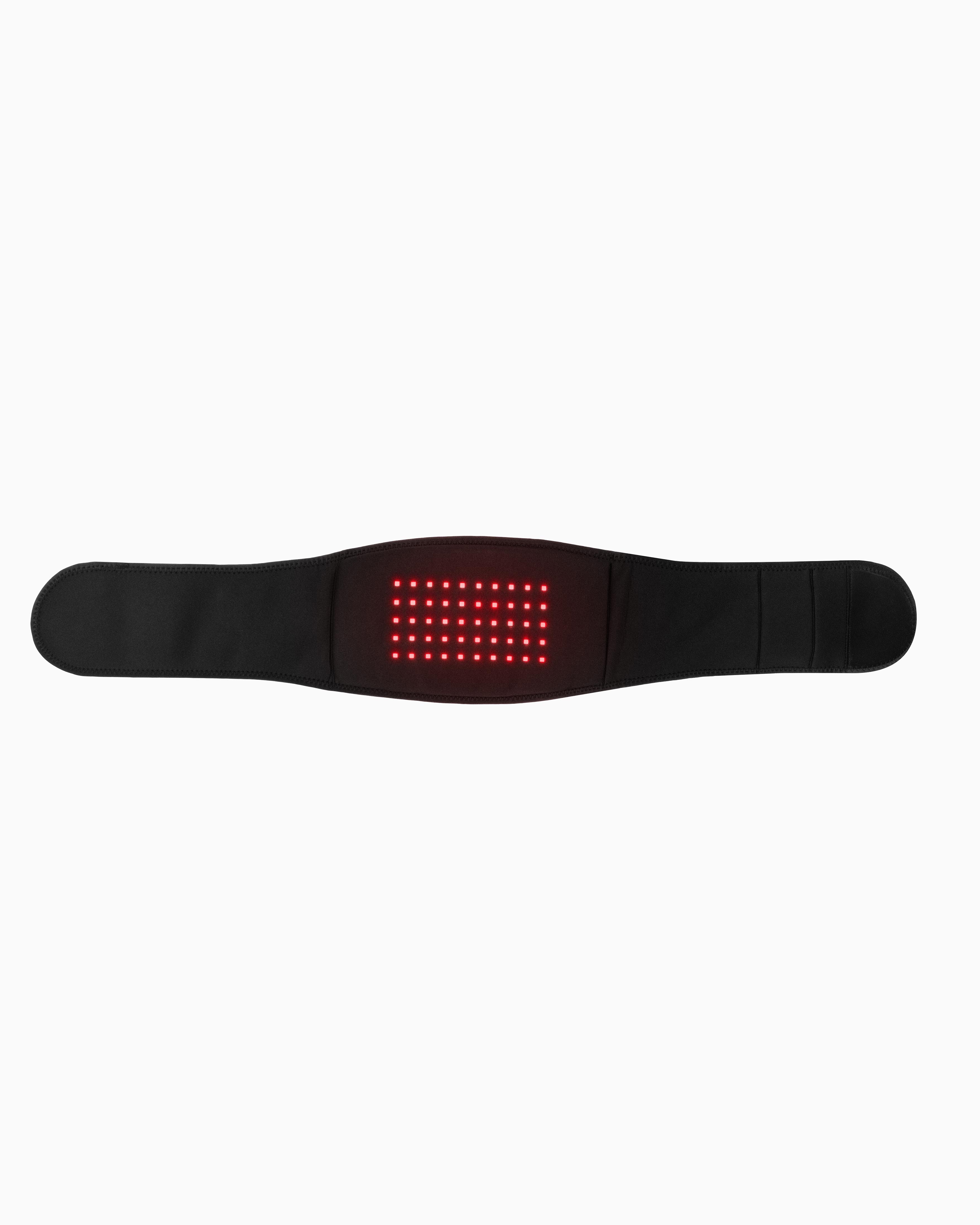 Black Flowtherma Belt showing the integrated red light therapy grid for lumbar recovery and circulation.