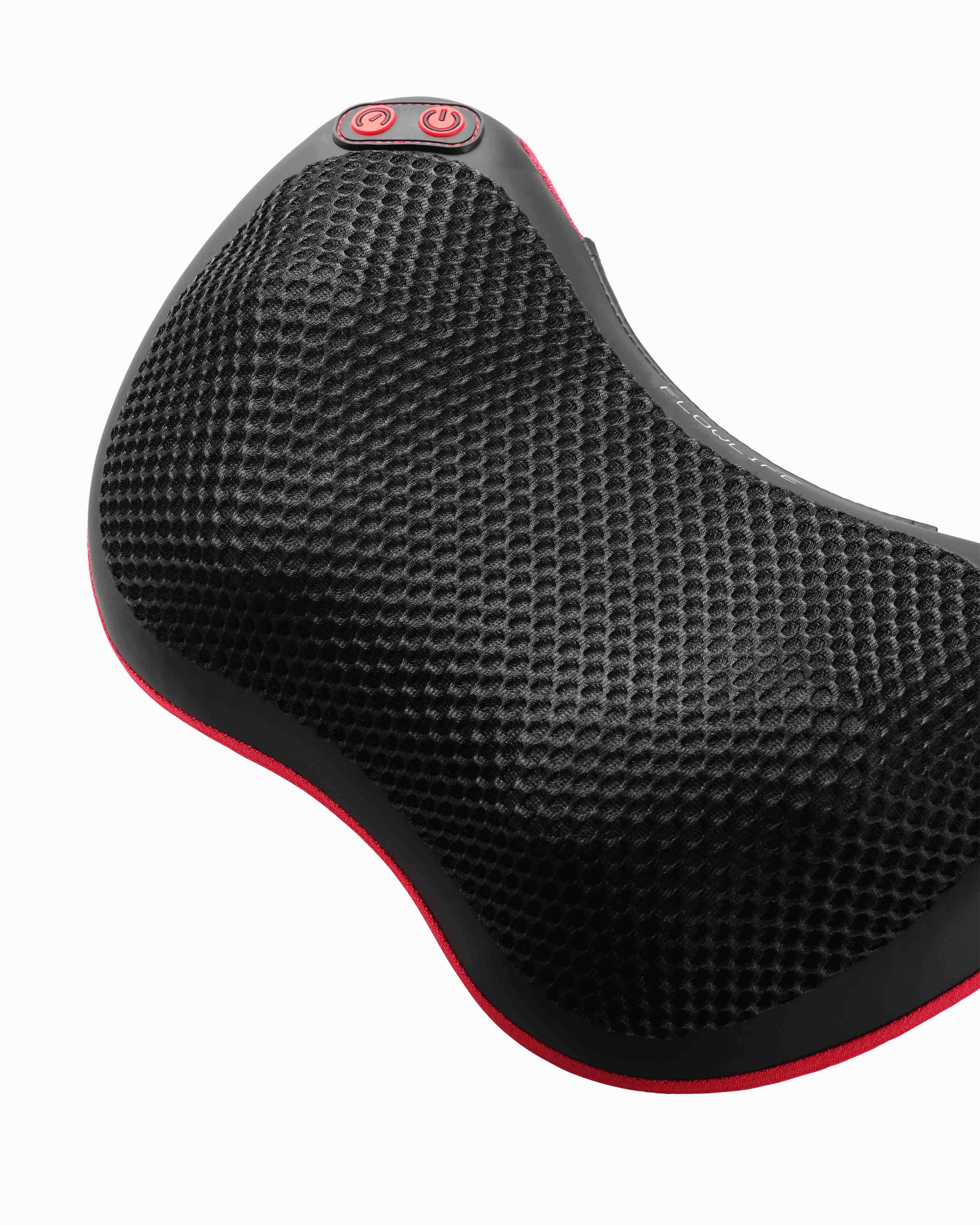 Red and black Flowpillow Heat featuring a breathable mesh cover and integrated control buttons for targeted recovery.