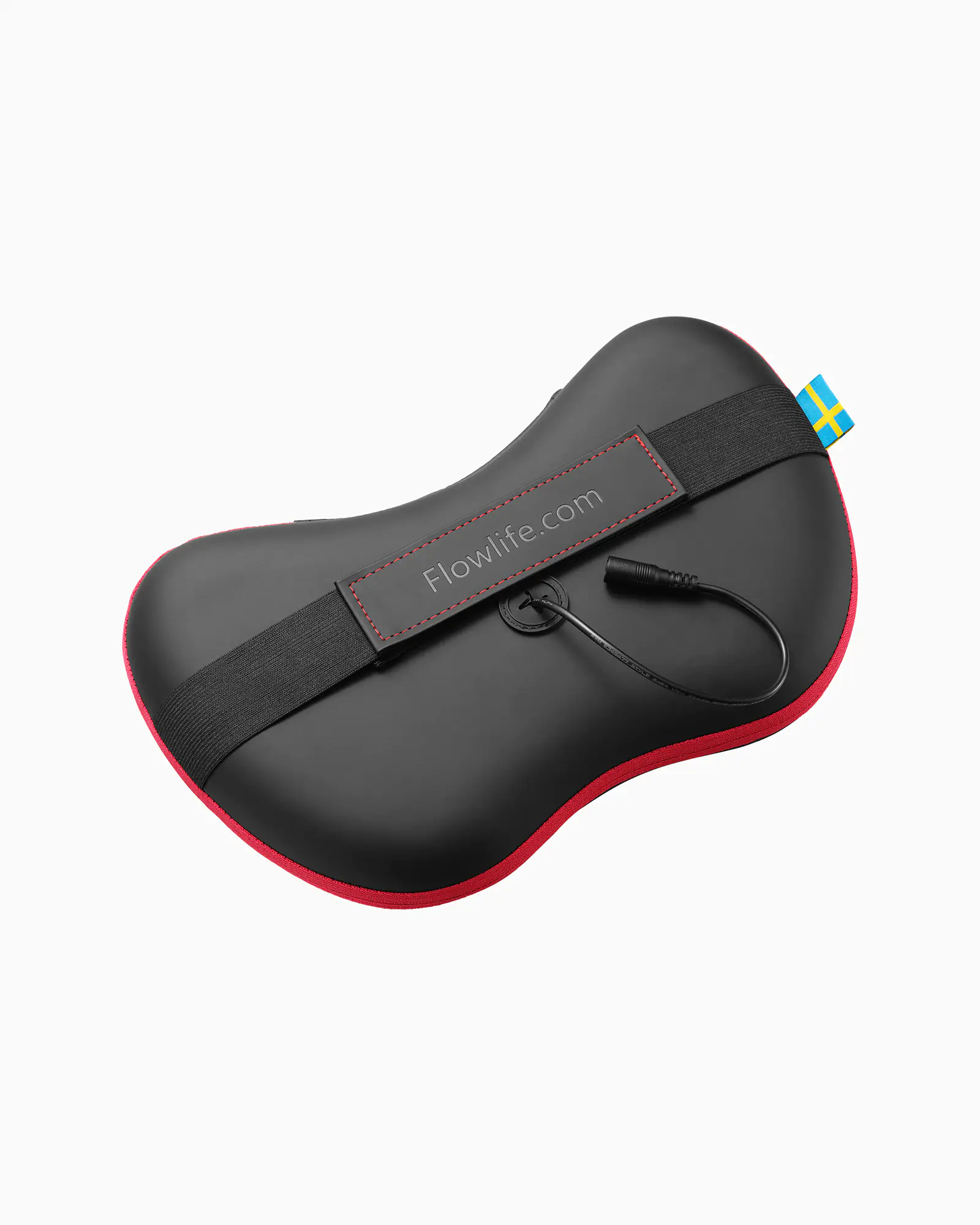 Flowpillow Heat in black with red trim, featuring an elastic strap, charging cable, and Swedish flag tag.