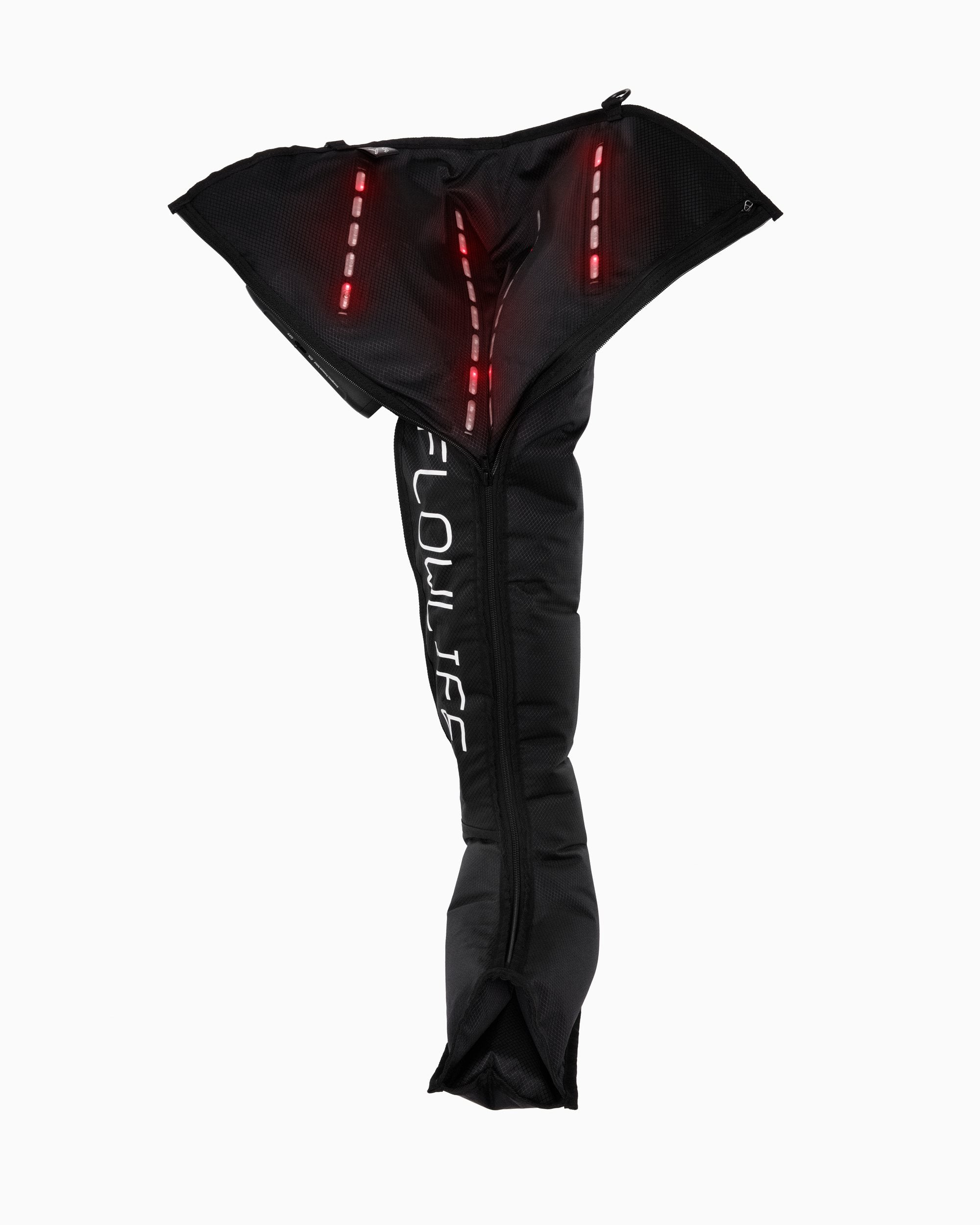 Flowpression Boots Ultra Red Light unzipped at the thigh, revealing the integrated red light LED strips inside the black boot.