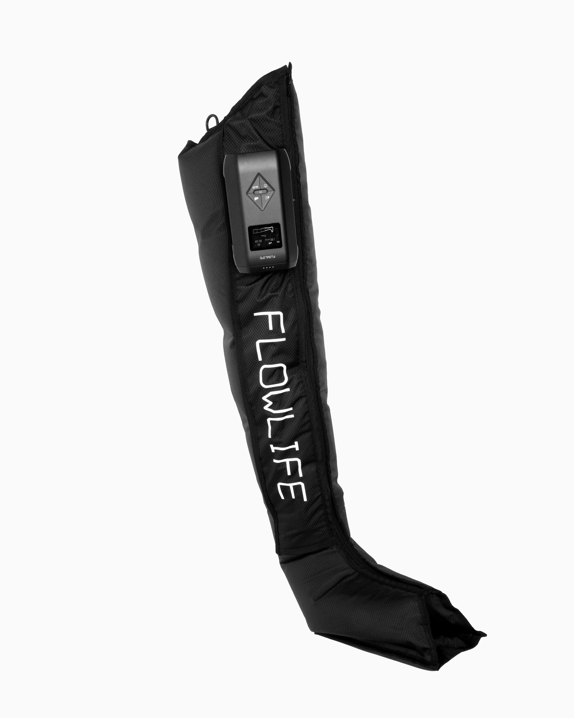 Black Flowpression Boots Ultra Red Light compression boot shown at an angle, with the control unit at the thigh and the Flowlife logo along the leg.