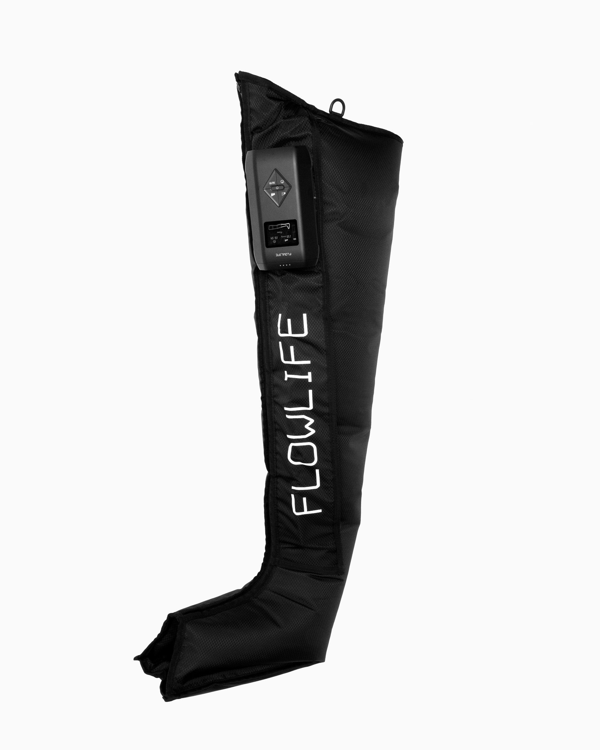 Black Flowpression Boots Ultra Red Light compression boot shown from the side, with the control unit at the top and the Flowlife logo along the leg.